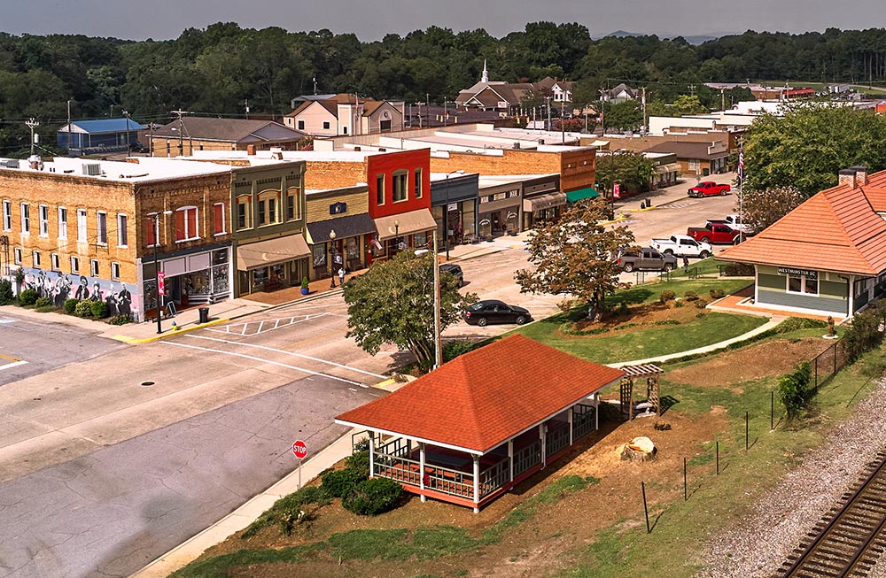 Overhead view of Main Street Westminster including train depot