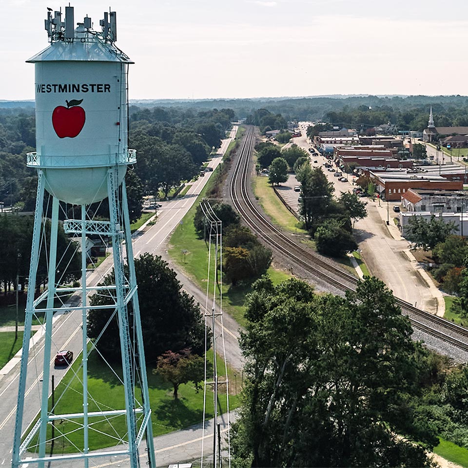 Overhead view of Westminster water tower and main street