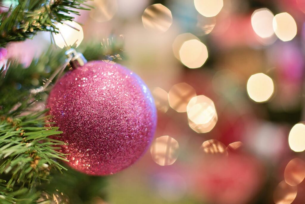up close photo of a christmas tree ornament